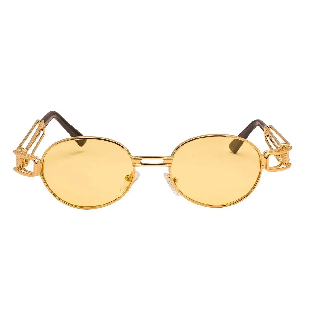 Gold Frame Sunglasses Yellow Lens UV400 Protection Men Classy‎ Retro Oval Shades